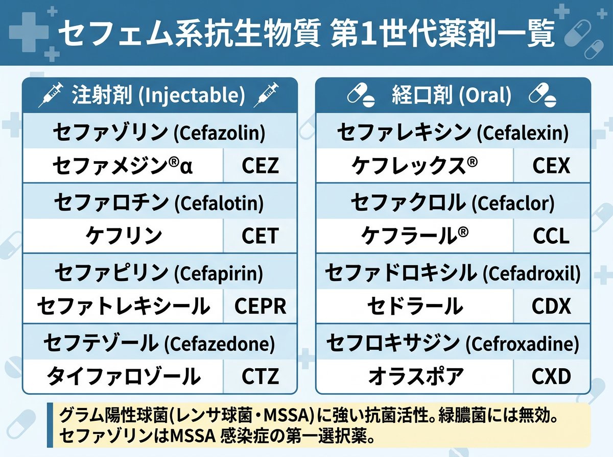 セフェム系抗生物質の第1世代薬剤一覧