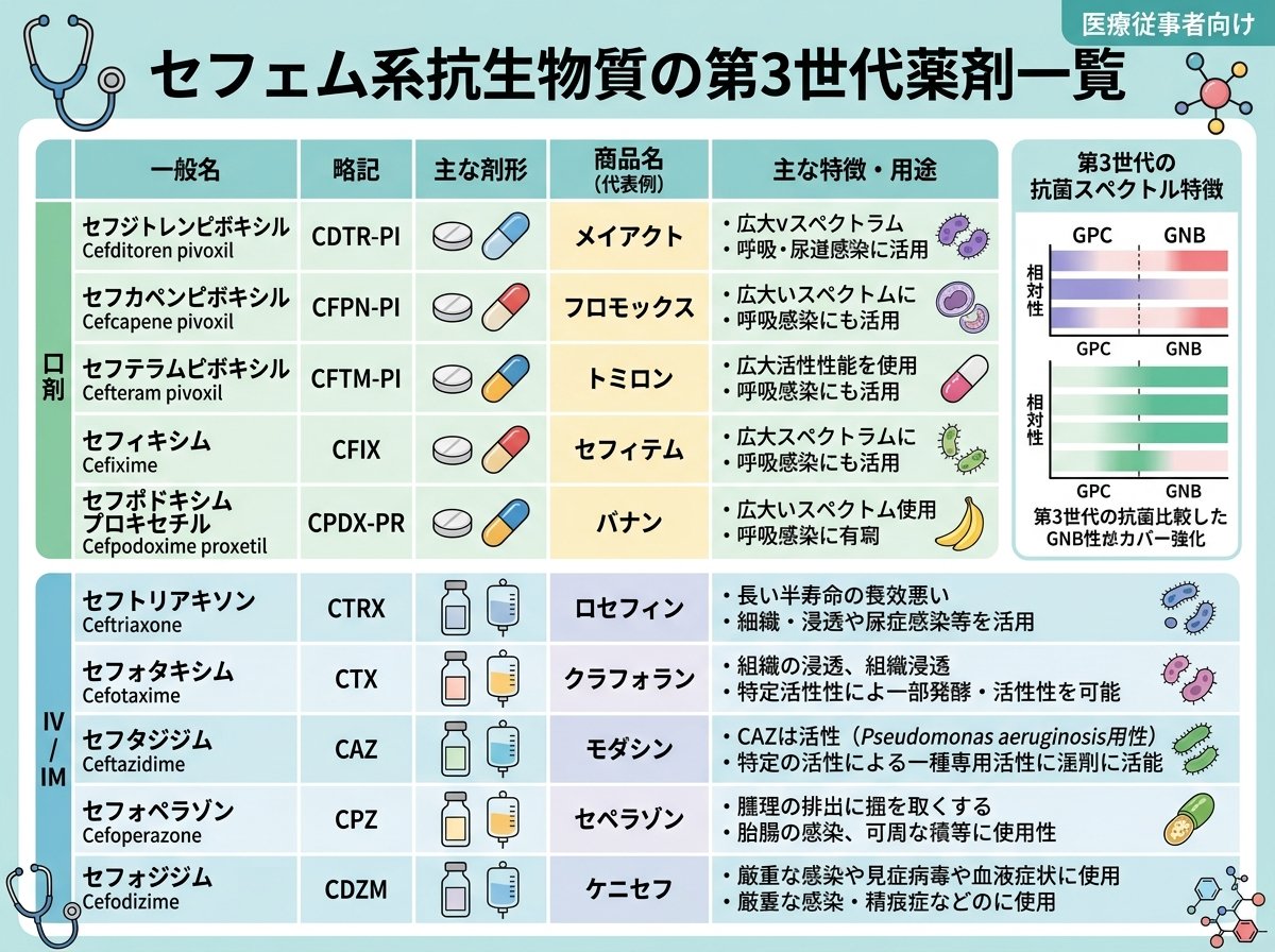 セフェム系抗生物質の第3世代薬剤一覧