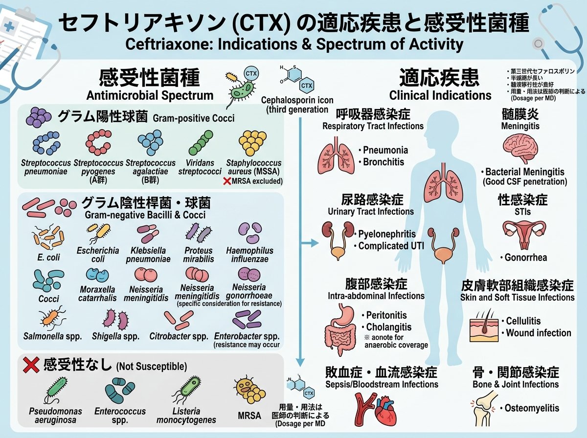 セフトリアキソンの適応疾患と感受性菌種