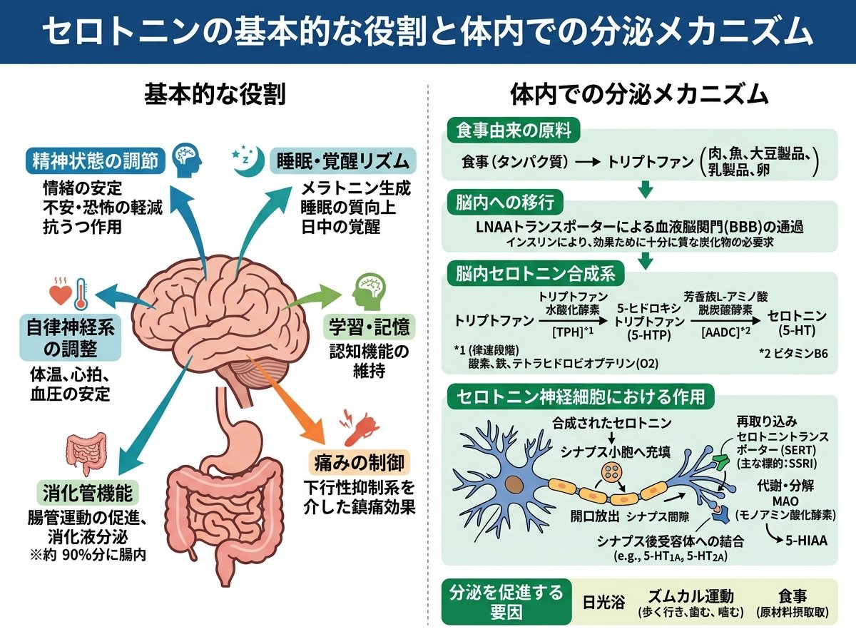 セロトニンの基本的な役割と体内での分泌メカニズム