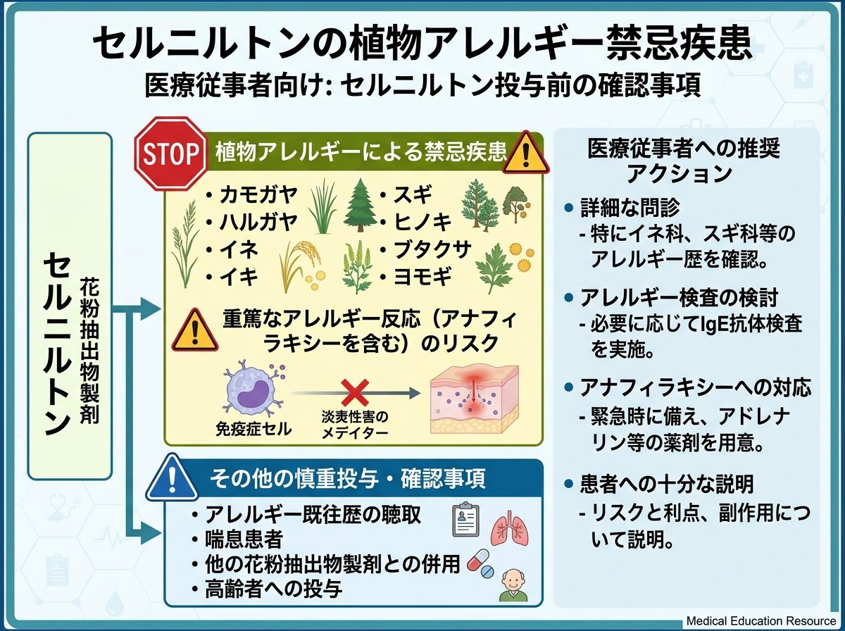 セルニルトンの植物アレルギー禁忌疾患