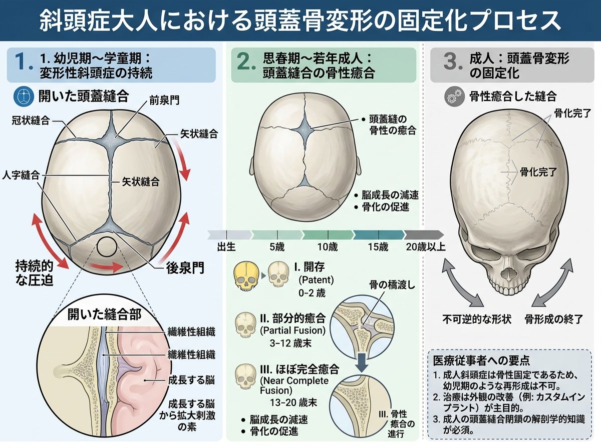 斜頭症大人における頭蓋骨変形の固定化プロセス