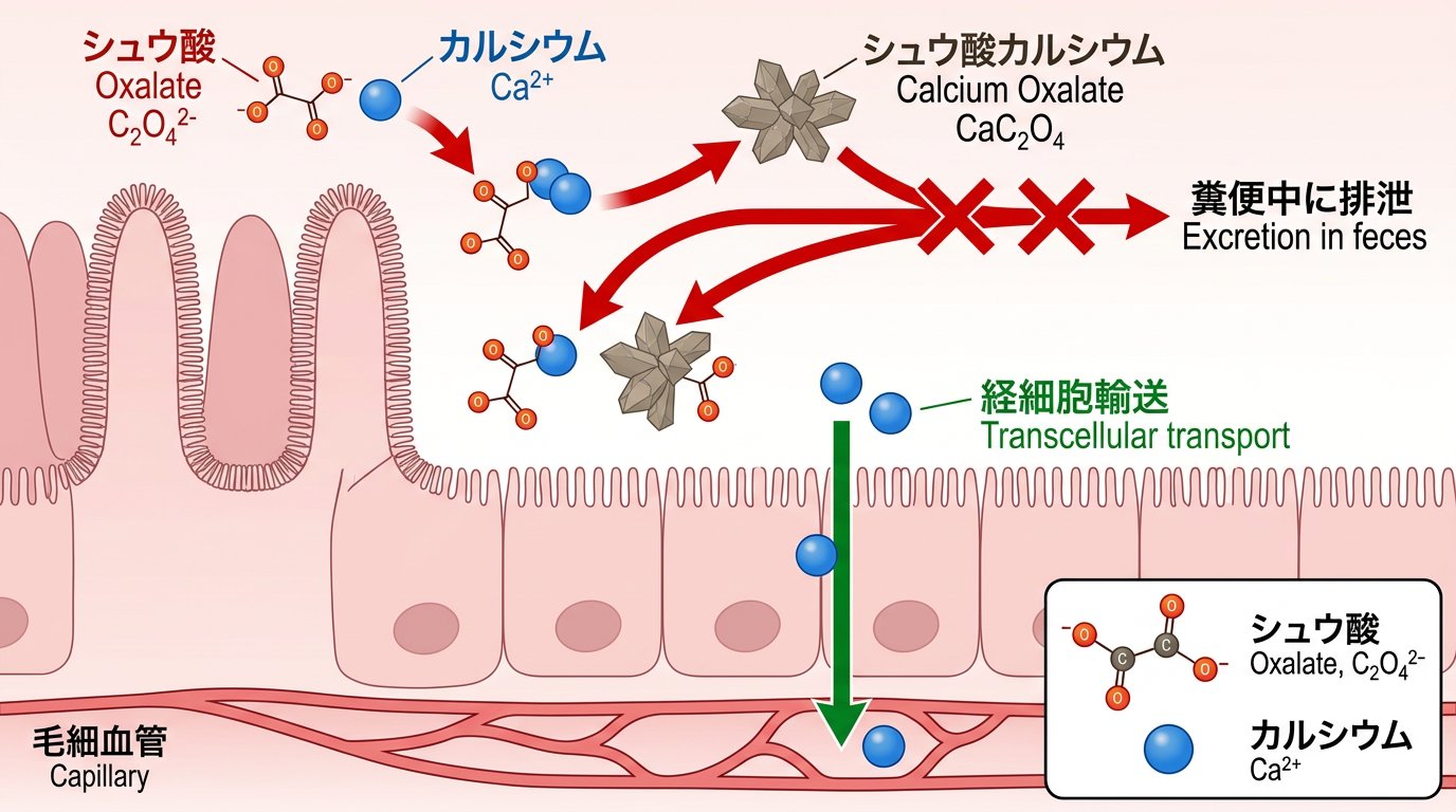 シュウ酸とカルシウムの腸内での結合メカニズム
