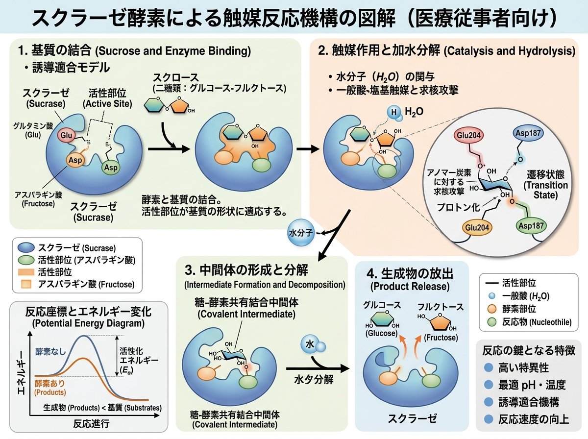 スクラーゼ酵素による触媒反応機構