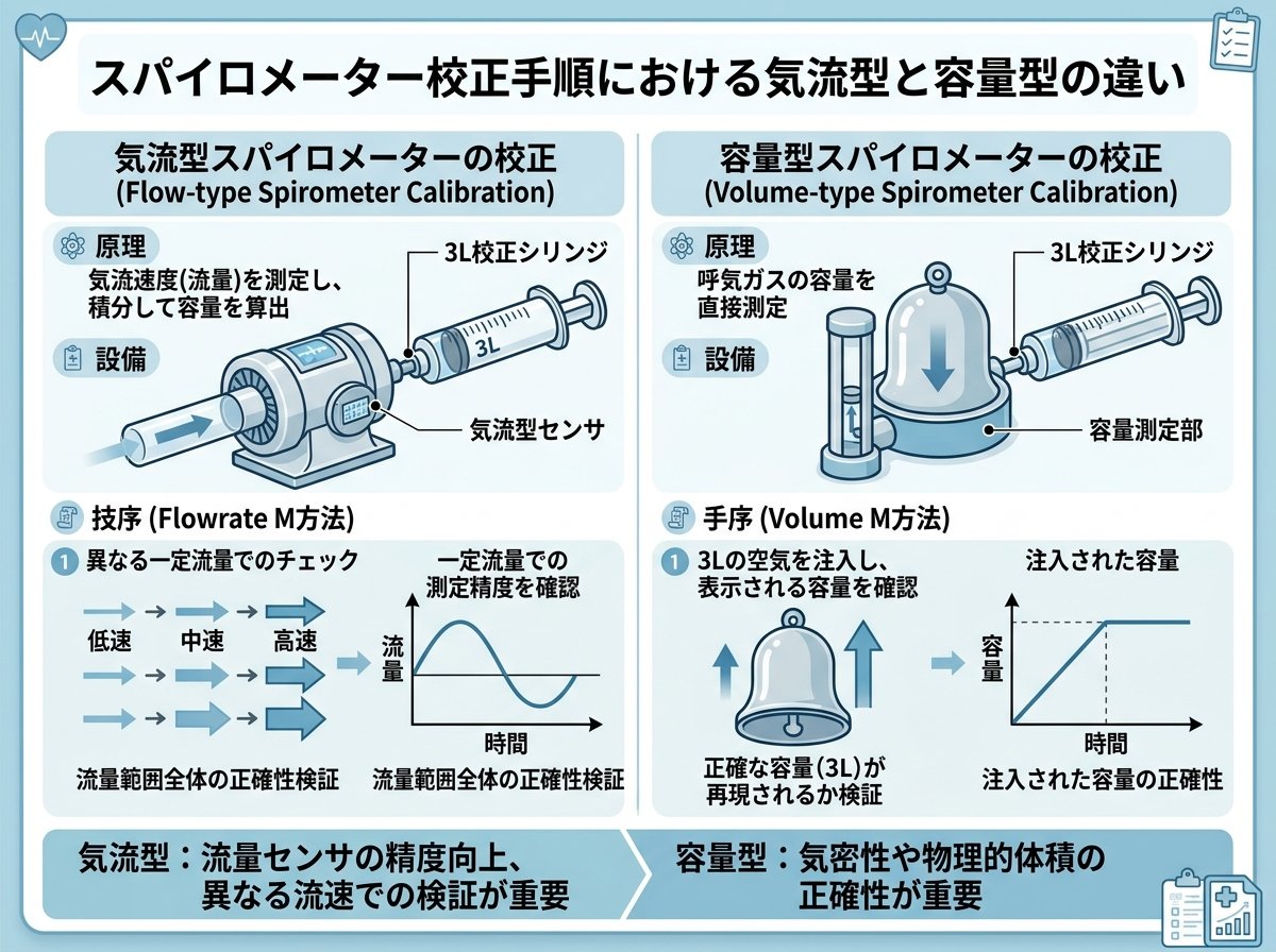 スパイロメーター校正手順における気流型と容量型の違い