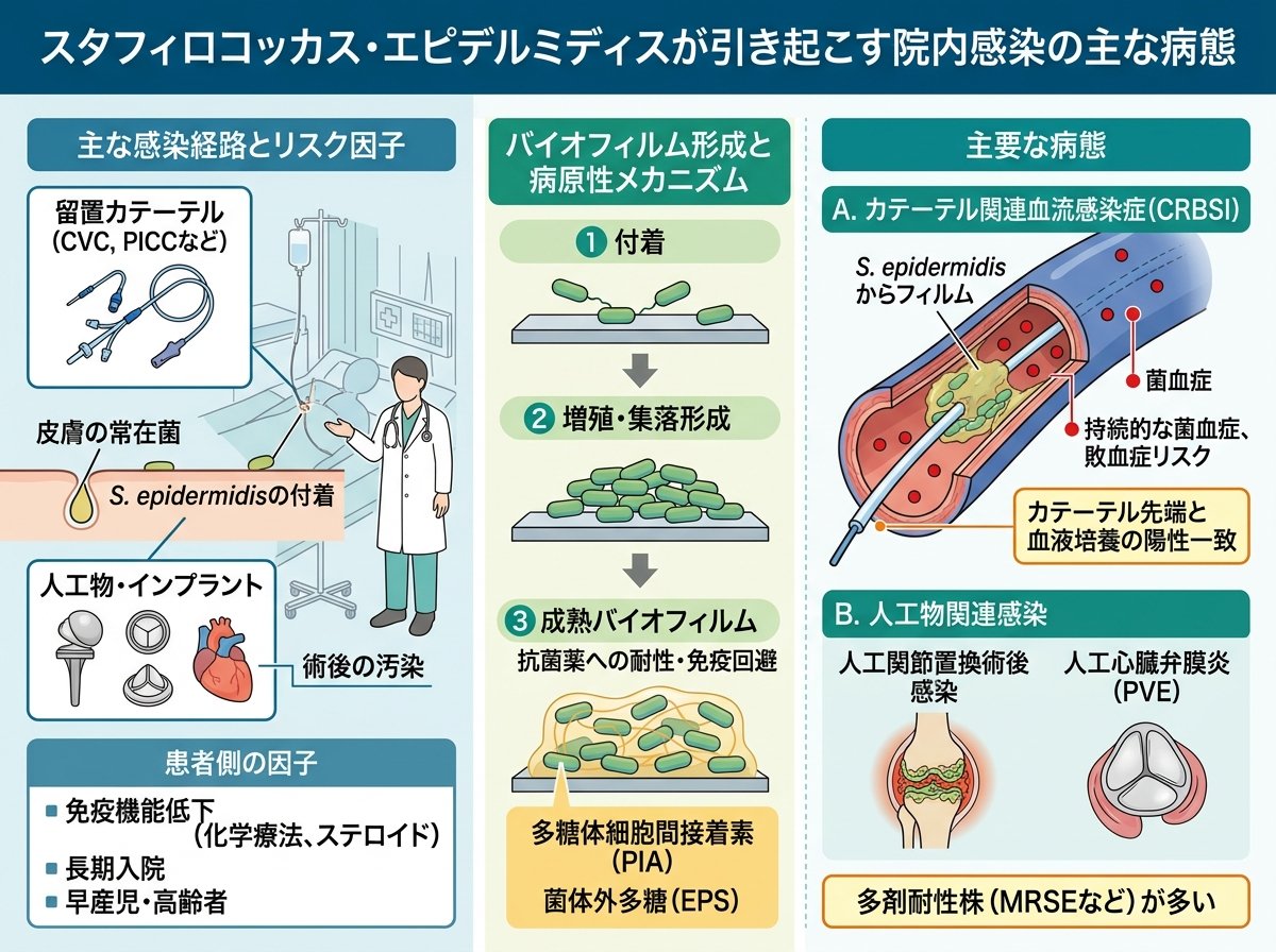 スタフィロコッカス エピデルミディスが引き起こす院内感染の主な病態