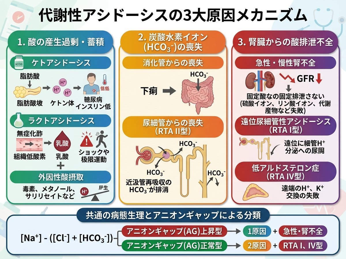 代謝性アシドーシスの3大原因メカニズム