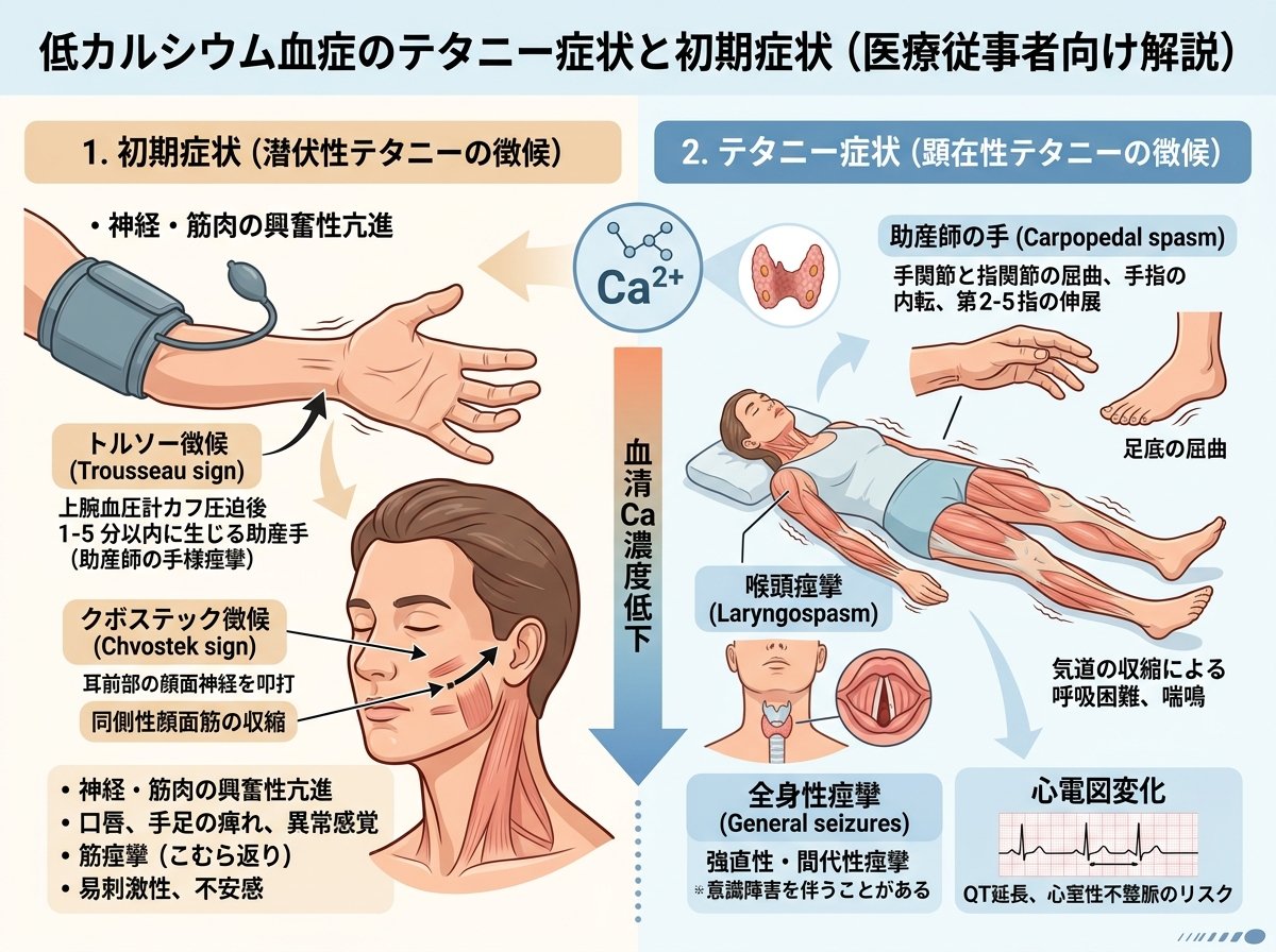 低カルシウム血症のテタニー症状と初期症状