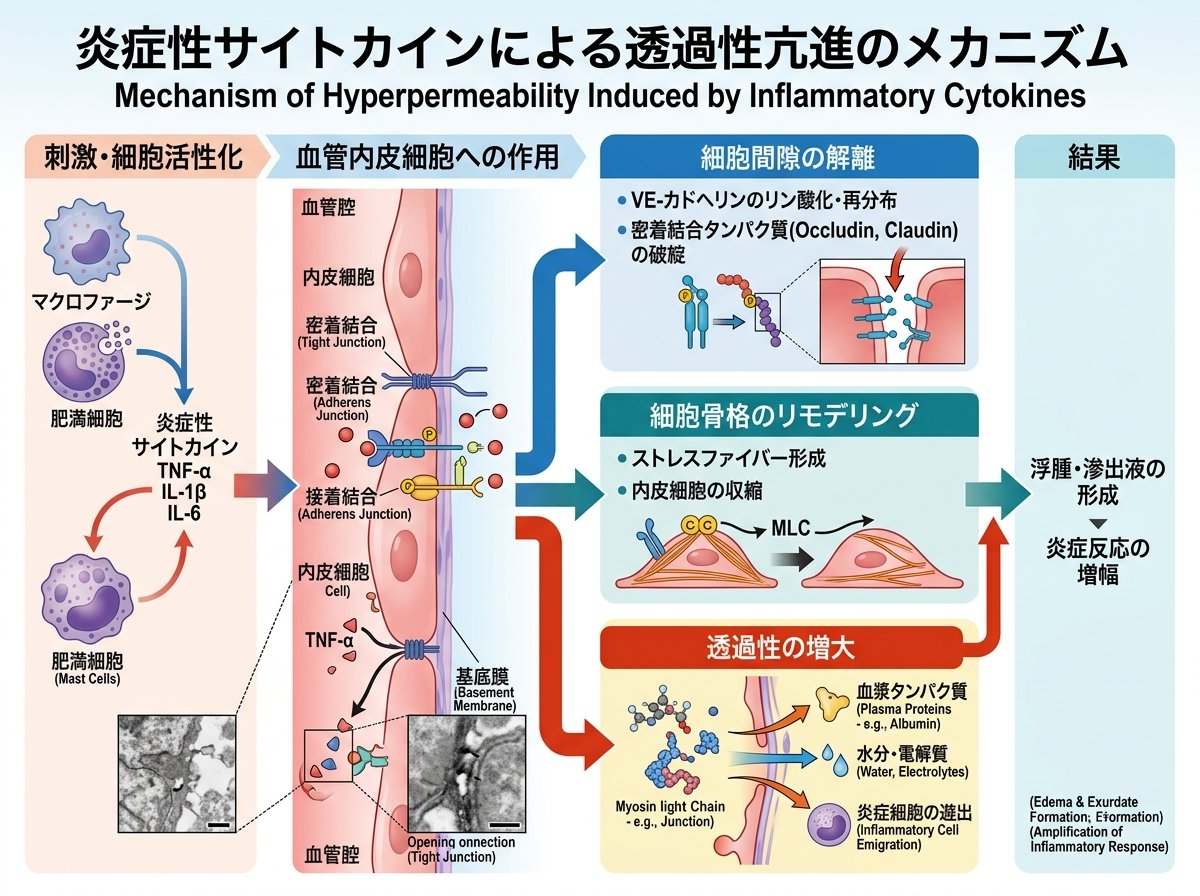 炎症性サイトカインが透過性亢進を引き起こすメカニズム