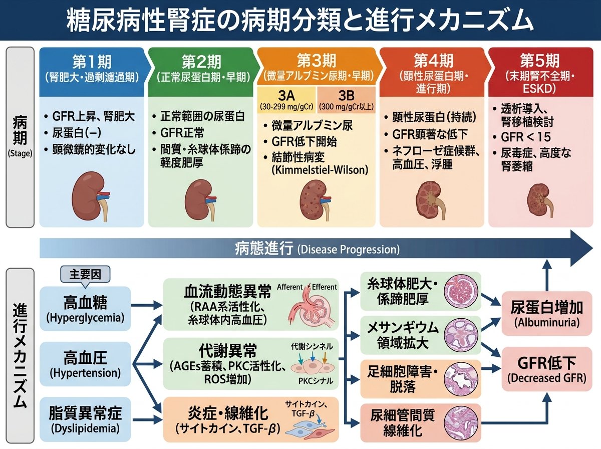 糖尿病性腎症の病期分類と進行メカニズム