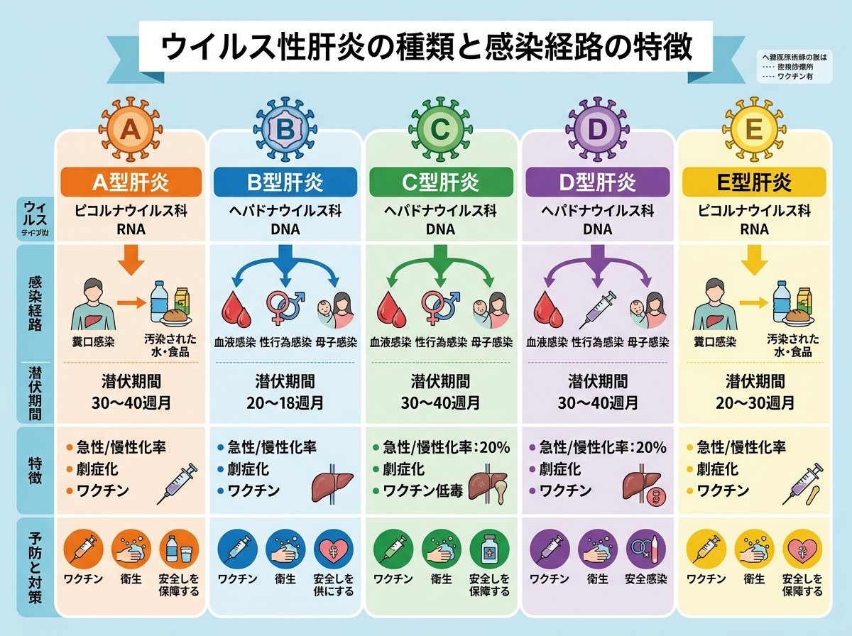 ウイルス性肝炎の種類と感染経路の特徴